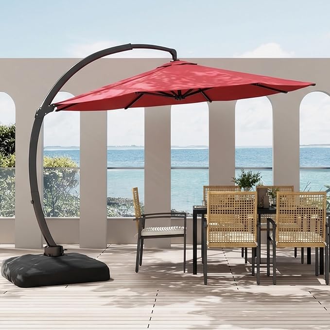 11FT Cantilever Patio Umbrella with Base Included, Large Cantilever umbrella with 360°Rotation, Heavy-Duty Offset Outdoor Umbrella for Patio,Pool,Garden and Backyard (Red)