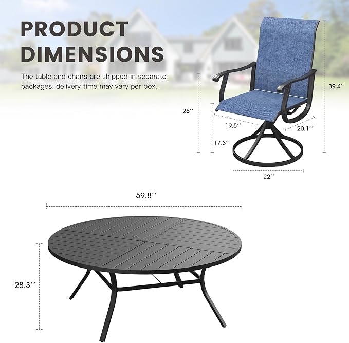 Outdoor Dining Set for 8, 60.1" Metal Round Outdoor Dining Table with Umbrella Hole and Sling Patio Swivel Chairs, 9 Pieces Patio Table and Chairs Set for Garden, Dark Blue and Black