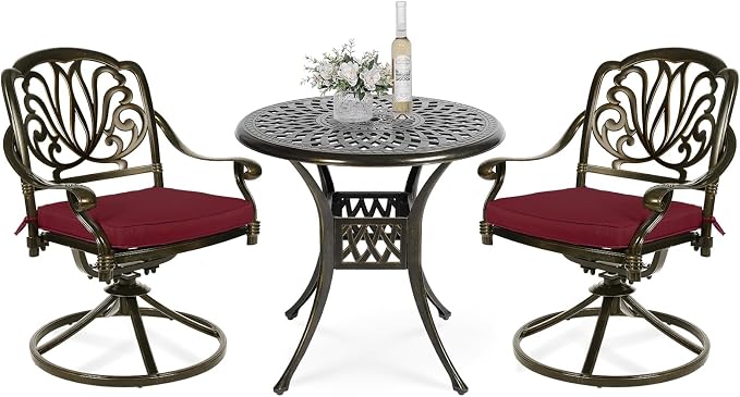 VIVIJASON 3-Piece Patio Furniture Dining Set, Outdoor All-Weather Cast Aluminum Bistro Set, Include 2 Swivel Chairs and 31" Round Table w/Umbrella Hole for Balcony, Lawn, Garden (Red Cushion)