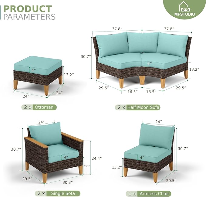MFSTUDIO 9 Pieces Wicker Patio Furniture Set, Rattan Outdoor Half-Moon Curved Sectional Set for Backyard, 4 x Curved Sofa, 1 x Armless Chair, 2 x Ottoman, 2 x Corner Sofa(Aqua Cushions)