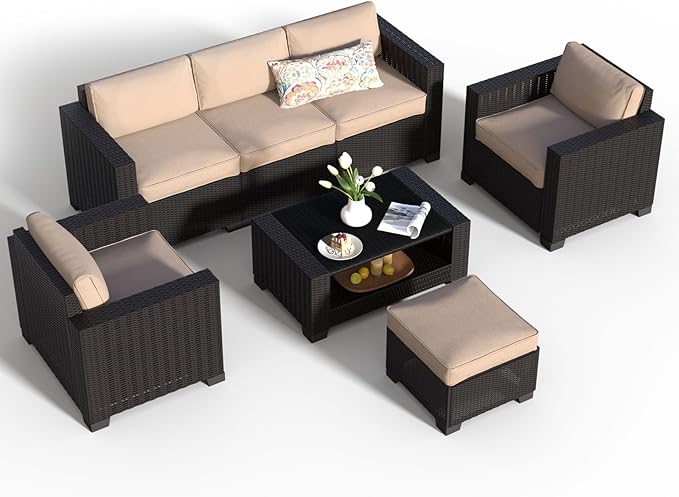 SHGJ&SOFT 7 Piece Patio Furniture Set, Wicker Outdoor Sectional Sofa with Washable Cushion Covers and Tempered Glass Table, Rattan Conversation Set for Poolside