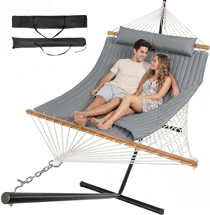 Double Hammock with Stand – Portable Cotton Rope Hammock with Removable Quilted Pad & Pillow, Adjustable Steel Frame for Patio, Backyard, Garden, Park, Camping & Outdoor Relaxation – Gray
