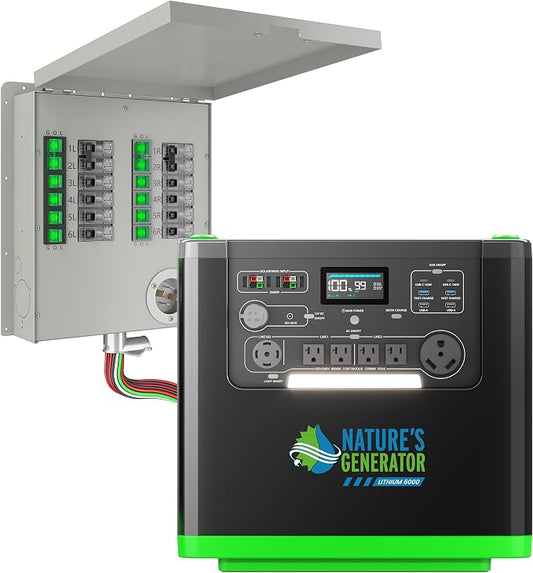 Natures Generator 3840Wh Solar Generator + 12 Circuit 30A Transfer Swtich, Lithium Batteries, 6000W Power Station for Home Backup, RVs, Emergencies, Power Outages, and Outdoor Camping