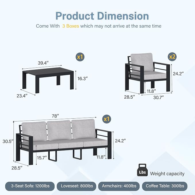 Aluminum Patio Furniture Set, 4 PCS Metal Oversized Outdoor Furniture Set Washable Thick Cushions, 5 Seat Patio Conversation Set with 3.54” Wide armrest and Coffee Table for Patio, Garden