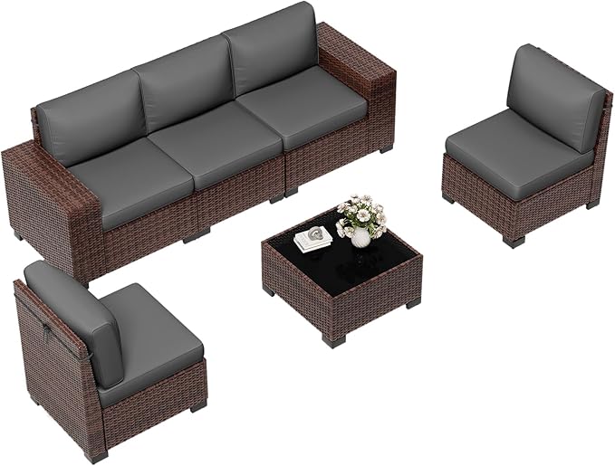 6 Pieces Outdoor Patio Furniture Set with Table Brown Rattan Sectional Sofa Conversation Sets for Balcony Lawn and Garden (Gray, 6 pcs w/Table)