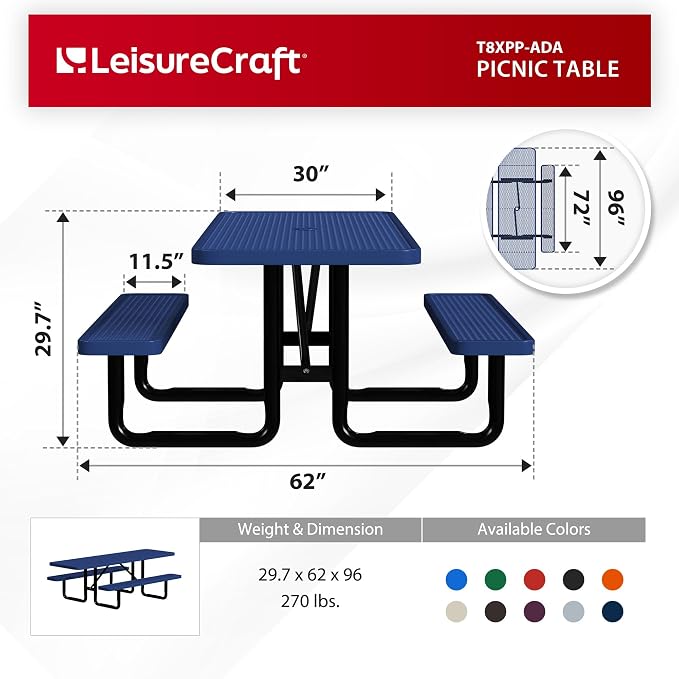 Leisure Craft Metal Picnic Table with Bench - 8 ft Rectangle Outdoor Dining Table with Umbrella Hole, Heavy Duty Thermoplastic Coating, ADA Compliant, Commercial Grade Furniture Made in USA - Navy
