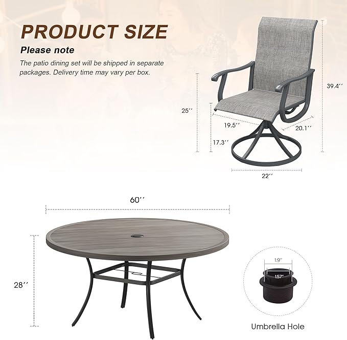 VICLLAX 9 Pieces Outdoor Patio Dining Set, 60" Round Wrought Iron Metal Outdoor Table with Umbrella Hole and 8 Swivel Textilene Chairs for Lawn,Garden,Porch,Grey