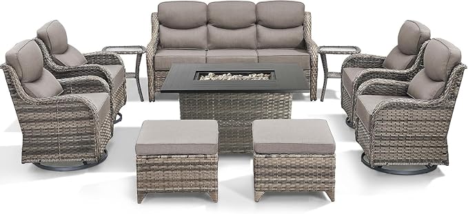 Luxury Patio Furniture Set with Fire Pit Table-10 Pieces All Weather Outdoor Swivel Rocker Chairs with Sofa and Ottomans. Outdoors Patio Conversation Sets for Porch Deck Garden(Grey/Grey)