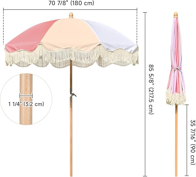 LAGarden Fringe Patio Umbrella with Carry Bag & Cover Vintage Wood for Event Outdoor Garden Yard Wedding Bistro Table