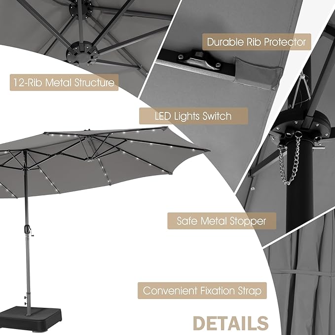 Giantex Large Outdoor Umbrella Double-Sided, 48 Solar Lights, Auto-Charging Solar Panel, Extra Large Patio Umbrella with Base and Crank, Outdoor Market Umbrellas for Poolside Garden