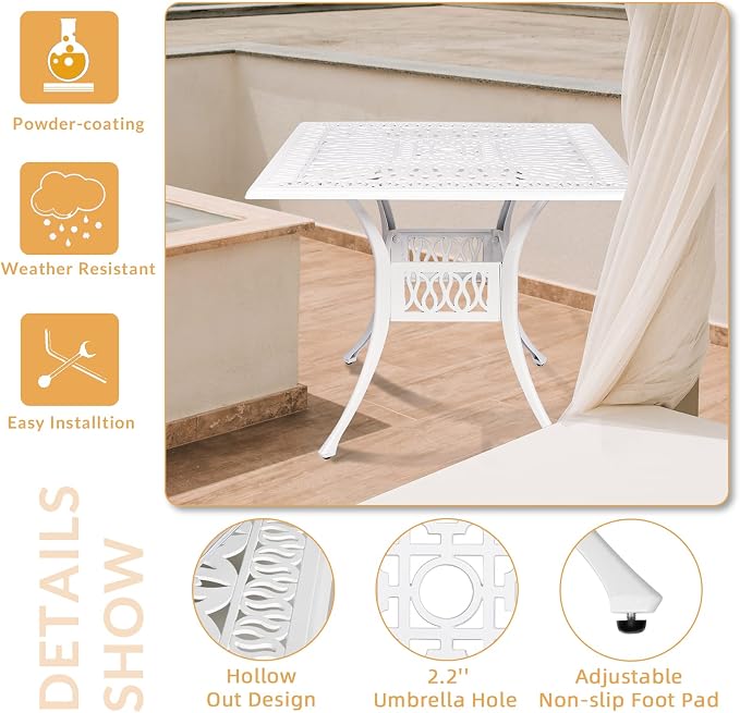 5 Piece Patio Dining Set, Outdoor Table and Chairs Set for 4 Cushioned Swivel Rocking Chairs and 35.4'' Square Table, All-Weather Cast Aluminum Patio Funiture Set, 2.2'' Umbrella Hole, White