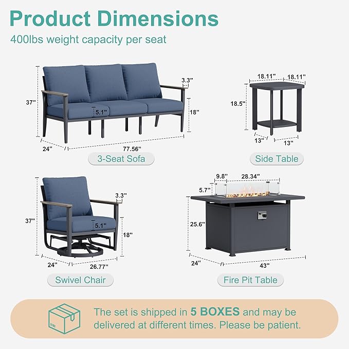 7-Seat Outdoor Patio Furniture Set with Rocking Swivel Chairs, Aluminum Sectional Sofa Patio Conversation Set with 55,000 BTU Fire Pit Table & High Backrest & Thickened Cushions, Navy Blue