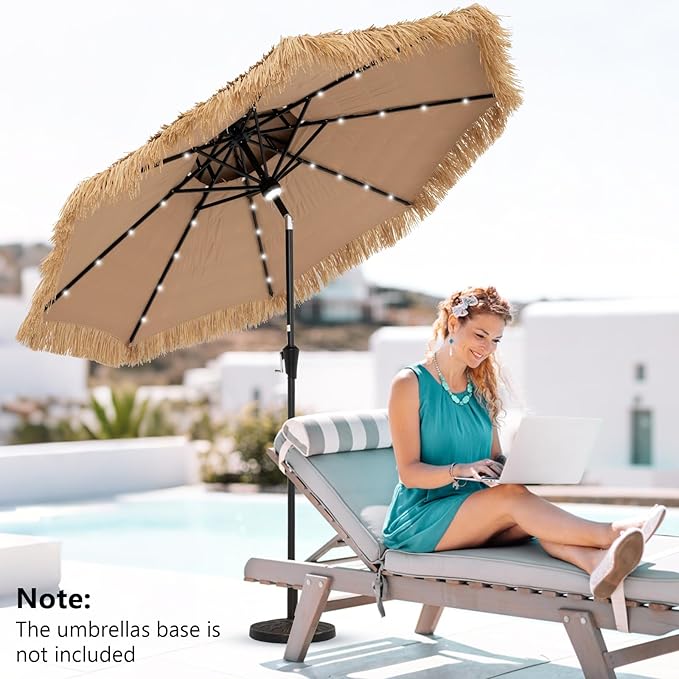 HAPPYGRILL 8.8 FT Hawaiian Style Umbrella with Lights, Outdoor Thatched Patio Tiki Umbrella with 8 Ribs, Manual Crank, 35° Tilt, for Beach, Backyard, Poolside