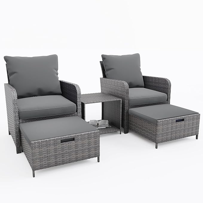 UDPATIO Patio Chairs with Hiddern Ottoman Balcony Furniture Small Space, Wicker Outdoor Patio Furniture with Side Table for Deck, Porch