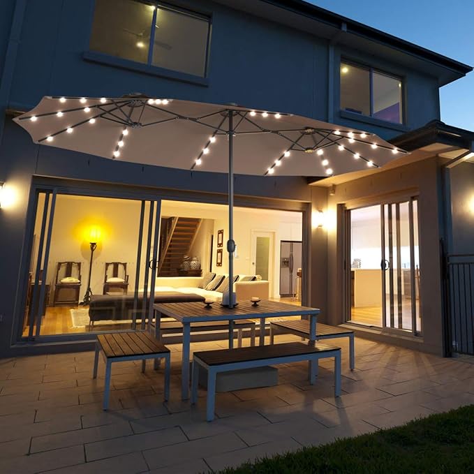 Tangkula 15 Ft Solar Patio Umbrella with Base, Extra Large Outdoor Double-Sided Twin Umbrella with 36 LED Lights & Crank Handle for Garden, Deck, Poolside, Patio (Tan)
