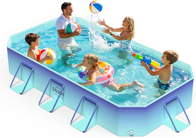 MoKo Foldable Pool for Adults & Kids, Framed Non-Inflatable Swimming Pools for Toddler, Collapsible Pool for Family Outdoor, Backyard, Garden, Camping,114" x 70" x 19", Glacial Blue