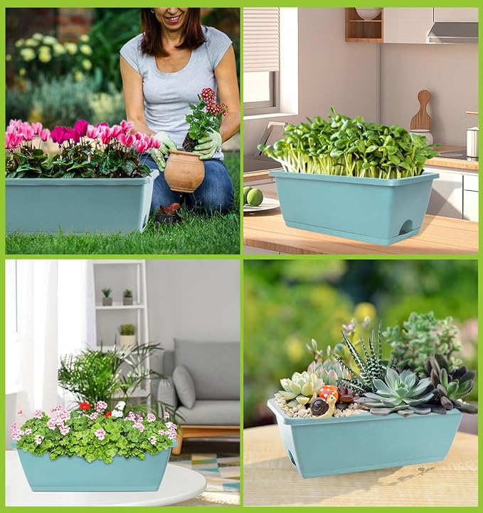 LOCONHA Window Box Planter, 7 Pack Plastic Vegetable Flower Planters Boxes 17 Inches Rectangular Flower Pots with Saucers for Indoor Outdoor Garden, Patio, Home Decor
