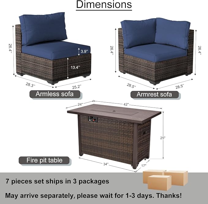 7 Piece Outdoor Patio Furniture Set with 42" Fire Pit, Wicker Furniture Sectional Conversation Sofa Set with Comfortable Cushions, Blue