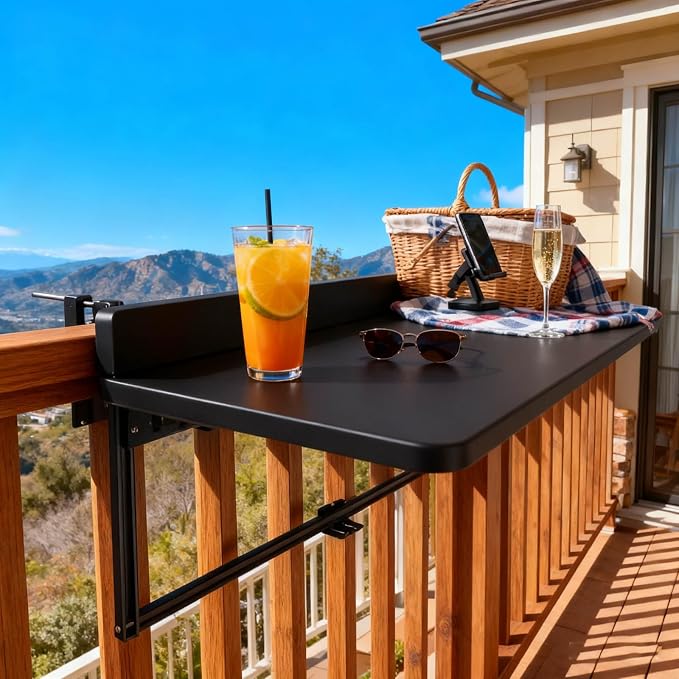 Outdoor Balcony Bar Table for Railings Aluminium Folding Balcony Shelf 5 Height Adjustable Wall-Mounted Side Table Saving Space 120 lbs Loading Serving Table for Patio Deck(Black,39.4x15.7in)