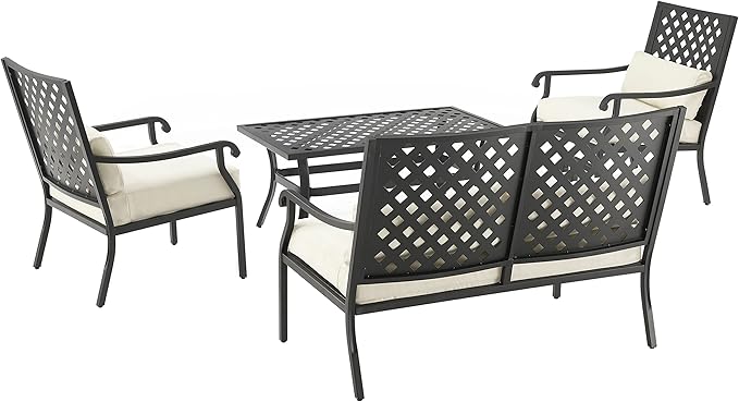 Crosley Furniture Alistair 4-Piece Outdoor Loveseat Patio Furniture Set, Conversation Sets for Porch, Deck, Matte Black with Creme Cushions