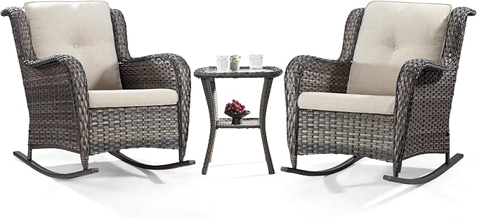 Outdoor Wicker Rocking Patio Chairs Set of 2 and Matching Side Table - All-Weather 3 Piece Wicker Patio Bistro Sets Patio Rocker Chairs Alloy Steel Frame & Premium Fabric Cushion, Beige