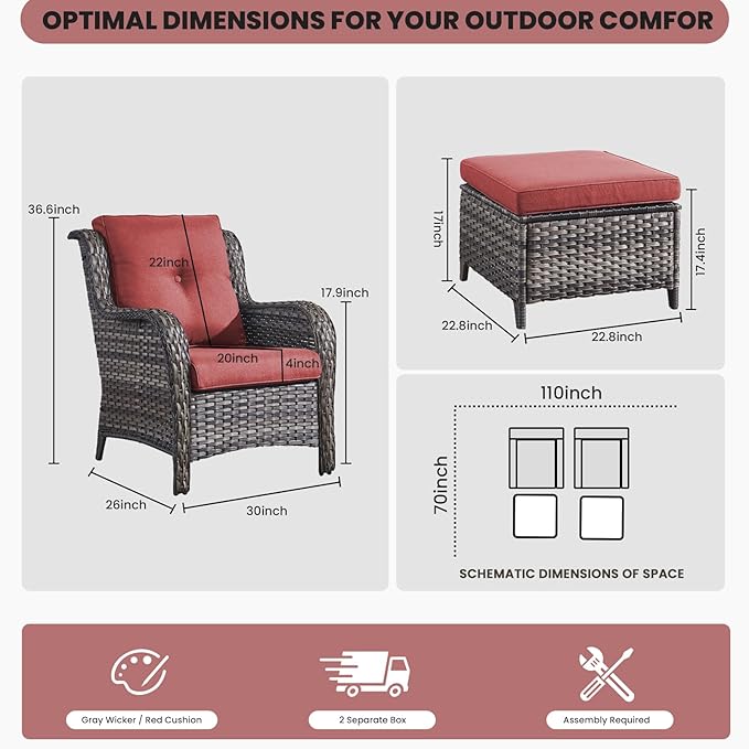 Belord Wicker Furniture 4 Pieces Outdoor Patio Furniture Set Patio Chairs with Ottomans Conversation Set for Porch Garden Deck Balcony Poolside Grey Wicker Red Cushion