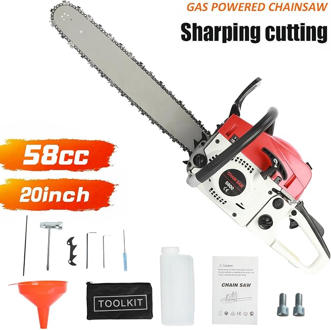 Gas Chainsaw, 20 Inches 58 Cubic Centimeter High Working Efficiency Gas-powered Handheld Chain Saw Chainsaw for Forest Cutting Trees, Wood, Garden and Farm Use (Red)