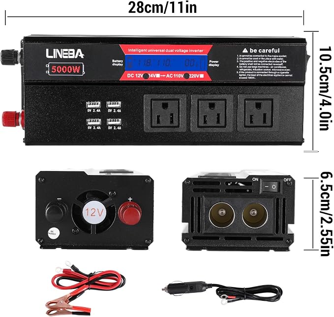 5000 Watt Power Inverter with LED Display, 3 AC Outlets, 4 USB Port, 12V DC to 110V AC Converter Car Power Inverter for Car, RV, Truck, Off Grid Solar System, Camping