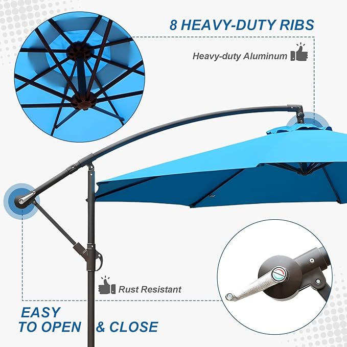 BPS 10ft Patio Umbrella with Base Included, Outdoor Offset Cantilever Umbrella with Easy Tilt Adjustment, UV-Blocking Polyester Shade, 8 Ribs for Backyard, Poolside, Lawn and Garden