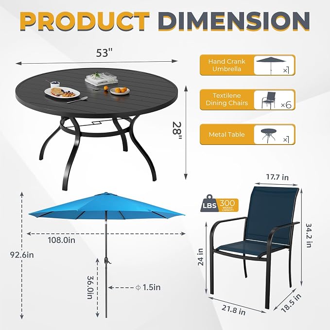 Incbruce 8 PCS Patio Dining Set with Sky Blue Umbrella, Outdoor Dining Set of 6 Textilene Chairs and 53" Round Table with Umbrella Hole for Backyard, Garden, and Poolside (Blue)