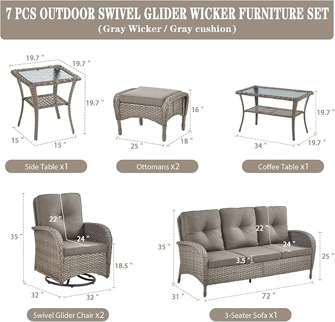 Belord Wicker Outdoor Furniture Set - 7 Piece Patio Conversation Sets with Comfort Swivel Rocker Glider Patio Chairs Set of 2 and Rattan Sofa, Tempered Glass Coffee Table and Side Table,Gray/Gray