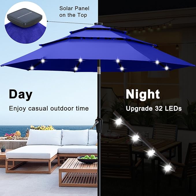 ABCCANOPY 3-Tiers 11FT Solar Patio Umbrella, Outdoor Umbrella with 32 LED Lights for for Deck, Pool, Garden, Backyard (Blue)