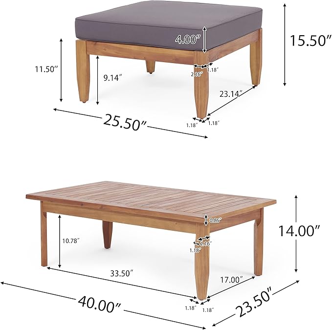Christopher Knight Home Aston Outdoor 3 Seater Sofa Chat Set with Ottoman - Acacia Wood - Teak/Dark Gray