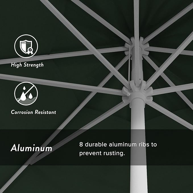 California Umbrella 12-Year Protection 9' Rd Aluminum Patio Umbrella, Crank Lift, Auto Tilt, White Finish, Sunbrella Forest Green