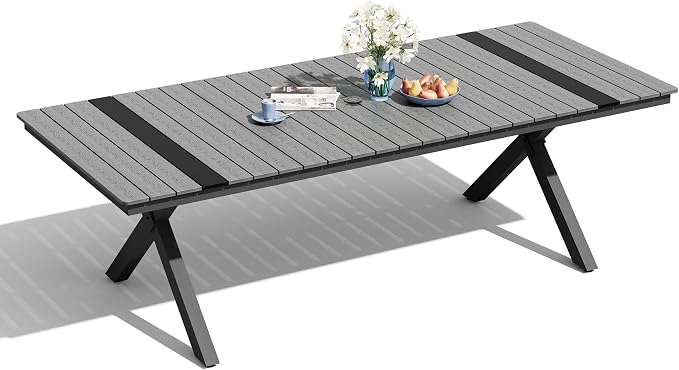 Pellebant 94" Outdoor Dining Table for 8-10, 8ft Aluminum Patio Table with Umbrella Hole, Weather Resistant Grey Wood Grain Tabletop and Sturdy Frame for Deck, Porch, Backyard