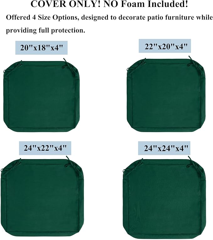 FUNHOME 2 Pack Outdoor Cushion Covers 24" x 24" x 4", No Insert! Water-Resistant Patio Chair Seat Cushion Covers with Zipper and Tie, Replacement Cover Only(Green)