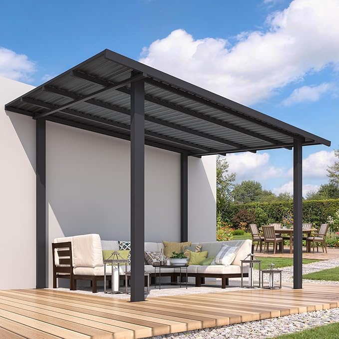 AECOJOY 12' x 8' Outdoor Hardtop Lean to Gazebo for Patio, Large 8x12 Metal Pergola Gazebo, Wall-Mounted Pergolas and Gazebos Clearance, Galvanized Steel Metal Patio Roof Awnings for Patio