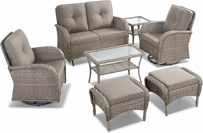 7 Pieces Patio Furniture-Patio Swivel Chairs Set of 2 Outdoor Glider Bench Rocking Chair with Patio Ottomans Patio Conversation Sets for Deck Porch Garden Balcony Poolside-Grey/Grey