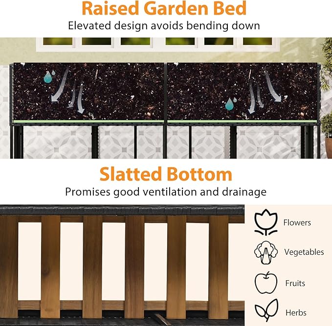 Tangkula Patio Furniture Set with Raised Garden Bed, PE Rattan Garden Planter Table with Built-in Chairs and Storage Space, Acacia Wood Outdoor Conversation Set with Sturdy Metal Frame