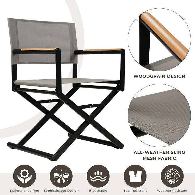 Grand patio 7-Piece Outdoor Dining Set, 6 Extra-Wide Folding Chairs & 1 Rectangle Expandable Table, Sling Mesh Patio Chairs with Wood Grain Table for Yard, Poolside, Deck, Gray
