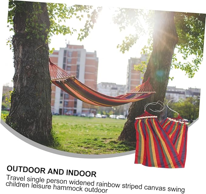 BESTonZON Single Person Striped Canvas Hammock for Outdoor Travel and Camping, Rainbow Pattern with Anti-tip Design, Cotton Fabric Leisure Swing for Patio and Garden