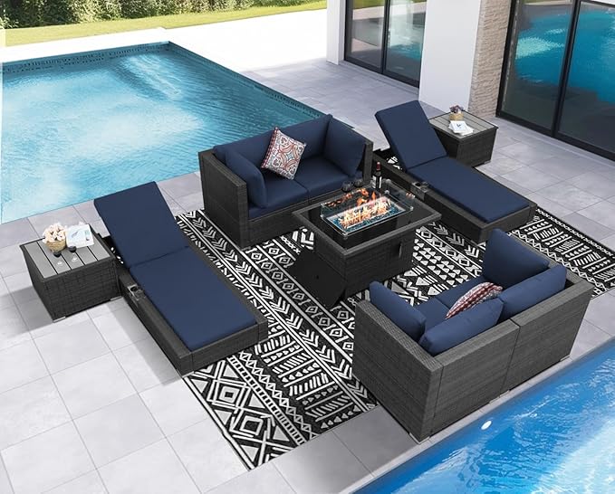 NICESOUL 9 Piece Patio Furniture Set with Firepit, Modern Outdoor Sectional Couch with Chaise Lounge, Comfy 29.3'' High-Back Backyard Seating, All-Weather Modular Sofa for Garden, Yard, Grey & Blue