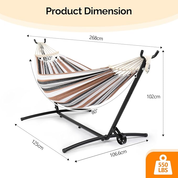 ONCLOUD Outside Hammock with Stand, Portable Hammock Set with Wheel for Camping, Backyard, Heavy Duty Hammock with Carry Bag&2 Wooden Combs, 440LBS, Coffee Brown