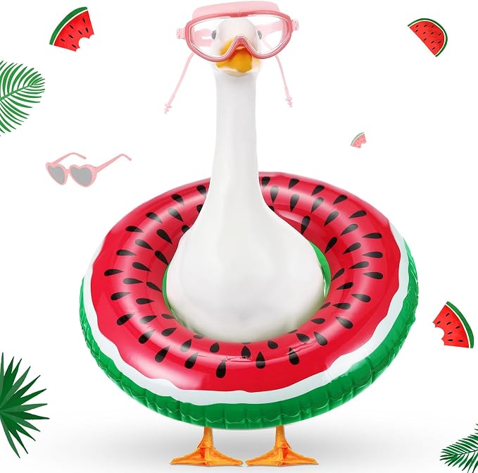 Aliceset 2 Pcs Summer Porch Goose Outfits Hawaiian Pool Goose Cloth Costume Swimsuit with Swim Ring Sunglasses, Fits 23'' Lawn Statue for Patio Yard Garden Outdoor Decor(Watermelon Style)