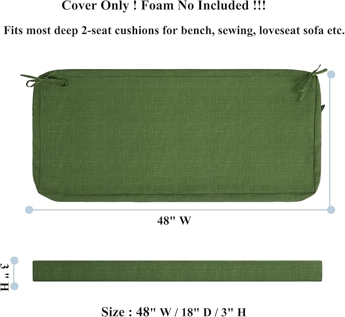 FUNHOME Outdoor Bench Cushion Covers,48" x 18" x 3", No Insert! Patio Cushion Covers for Outdoor Furniture,Water Resistant Covers 1 Pack, Moss Green(Covers ONLY)