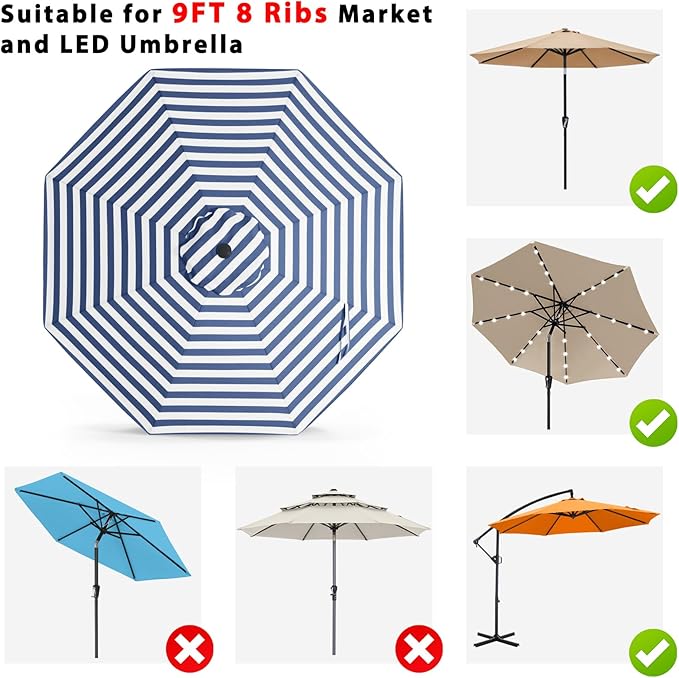 ABCCANOPY OLIFEN® 5-Year Non Fading 9FT Patio Umbrella Replacement Canopy Only (Navy Stripe)