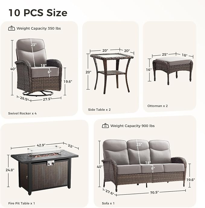 Luxury Patio Furniture Set with Fire Pit Table, Outdoor Furniture Set with High Back Swivel Chairs & 6-inch Thick Cushions, 10 PCS Fire Pit Patio Set for Yard, Deck, Poolside, Brown/Beige