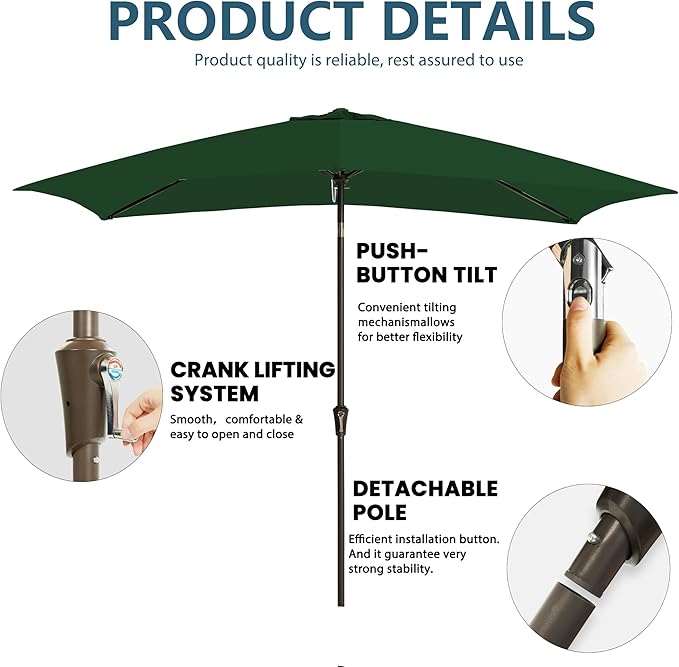 6.5x10FT Rectangular Patio Umbrella with Push Button Tilt & Crank Lift for Garden,UV Protection Outdoor Umbrella for Deck,Pool and Yard,Green