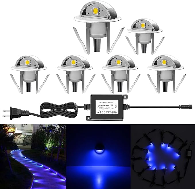 6 Pack LED Stair Lights Kit Low Voltage Waterproof IP65 Outdoor 1-2/5" Recessed Wood LED Deck Lighting Yard Garden Patio Step Landscape Pathway Decor Lamps, Blue