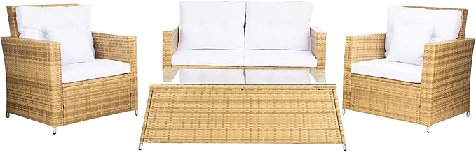 SAFAVIEH Outdoor Collection Lorma Natural/White Wicker 4-Piece Conversation Patio Set